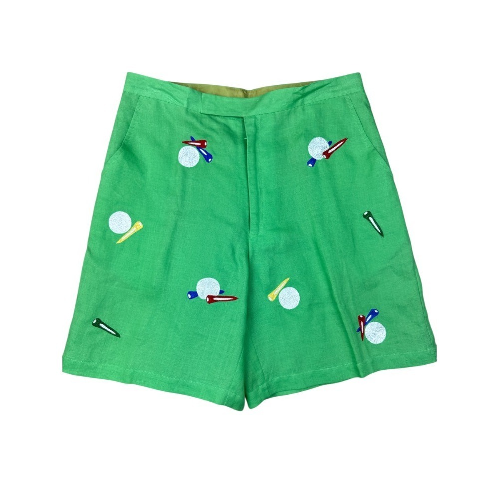 C J  Laing Women's 4 Green Linen Embroidered Golf Motif Shorts Lined 7" Inseam